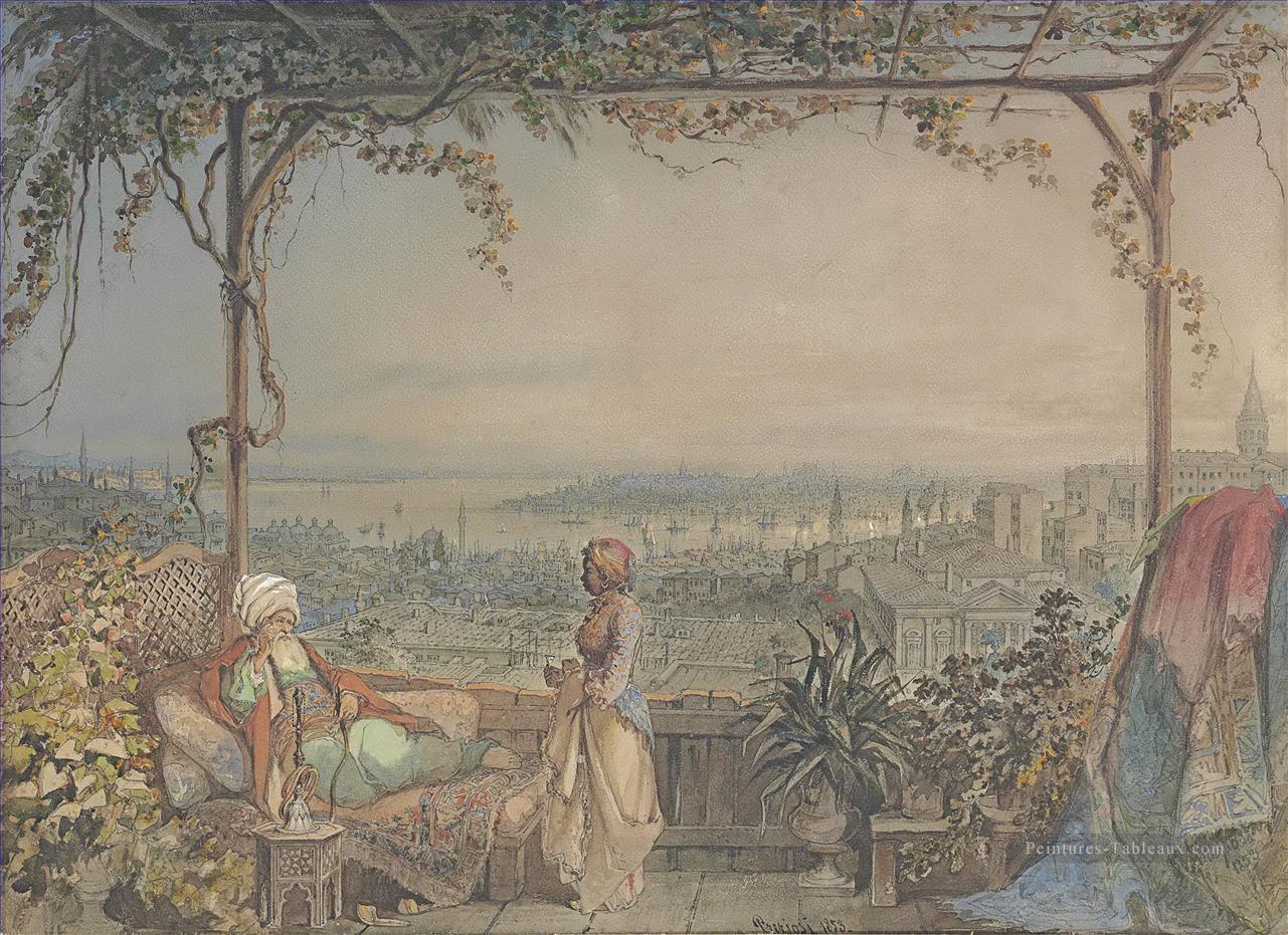 Pacha et femme de ménage sur un balcon à Pera surplombant Constantinople Amadeo Preziosi romanticisme néoclassicisme Peintures à l'huile